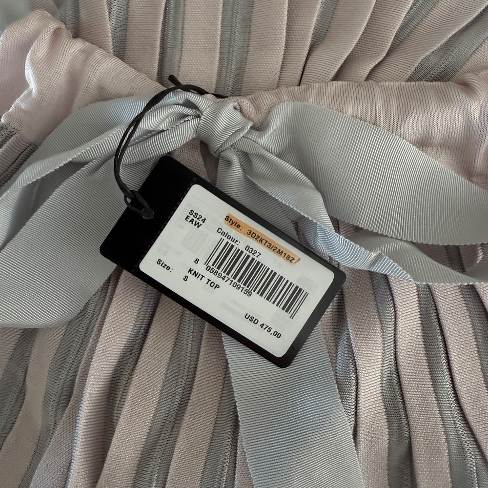 NWT Emporio Armani Knit Tank Top Silver Gray & Pink Striped Pleated Halter Blous - Picture 6 of 8
